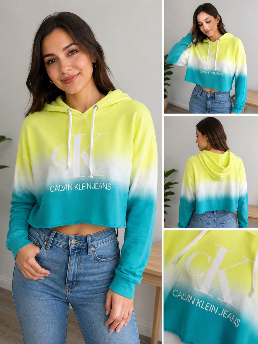 Calvin Klein Jeans Womens Cropped Hoodie Tie Dye Green Yellow NWT